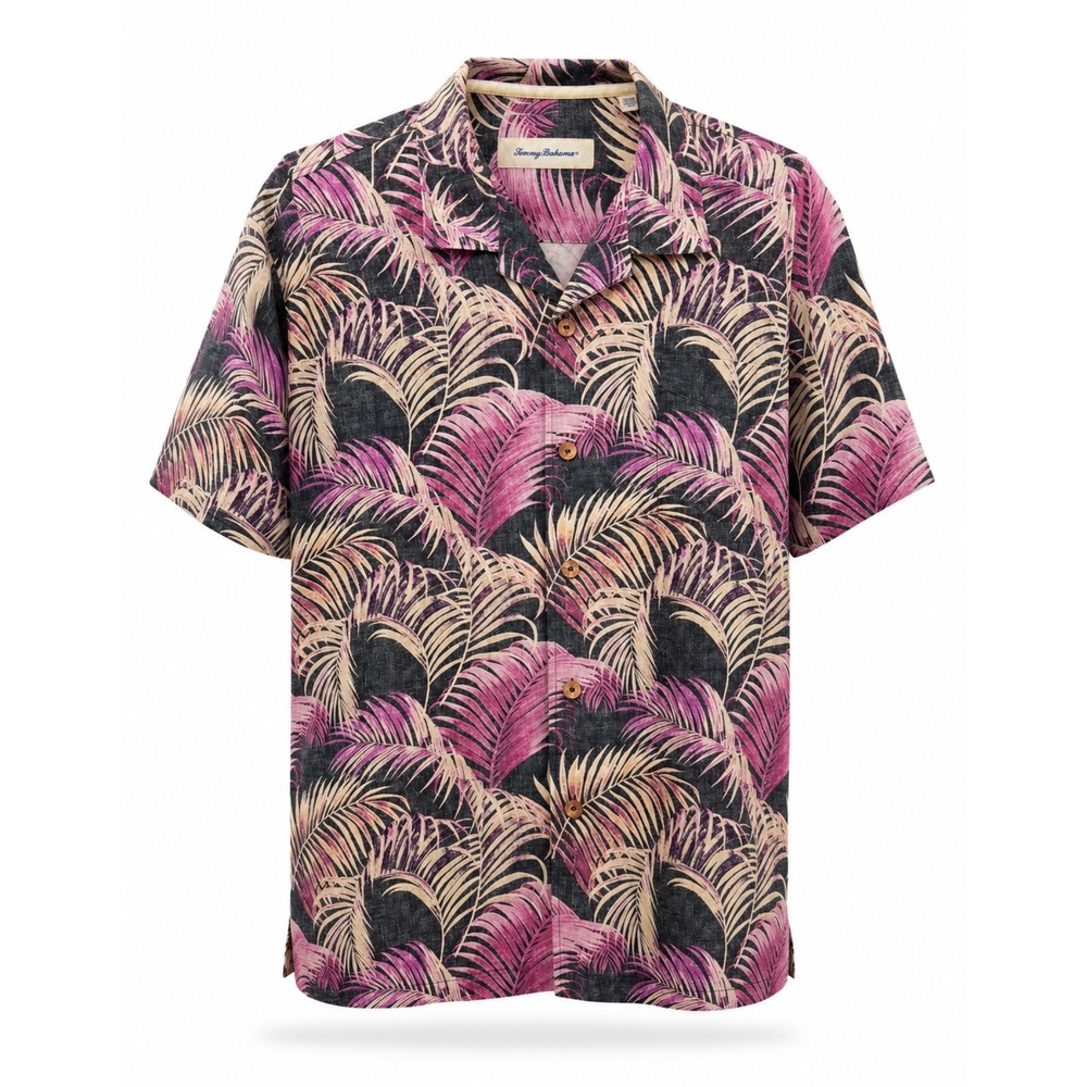 Tommy Bahama Tropical Palm Print Button Down Shirt Men Sz XL Purple Silk